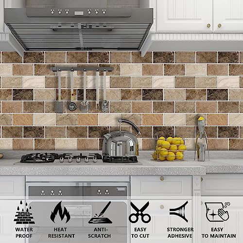 URCOLOR 10-Sheet Stick on Backsplash for Kitchen,12"x12" Peel and Stick Self Adhesive Wall Tiles Back Splashes for Bathroom Brown Marble Look - Image 3