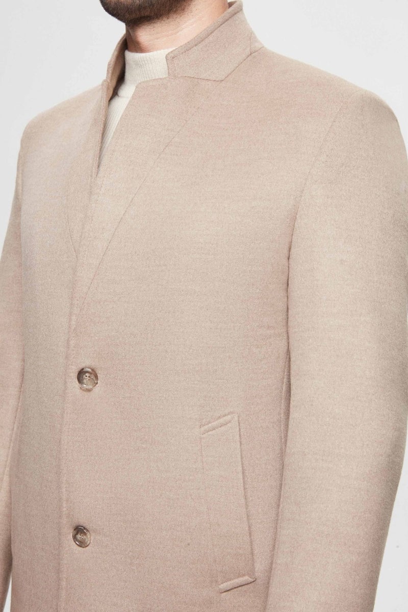 twn Slim Fit Beige Single Slit Viscose Coat  - Image 3