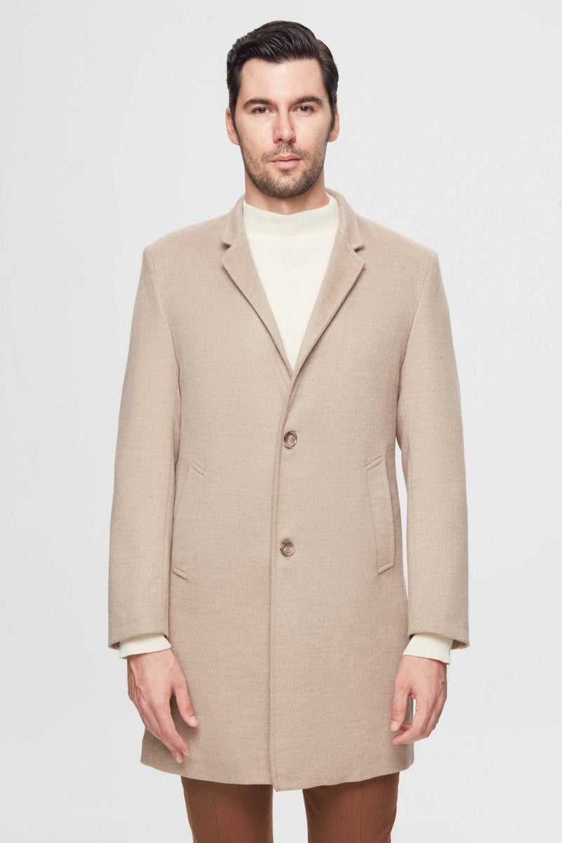 twn Slim Fit Beige Single Slit Viscose Coat  - Image 1