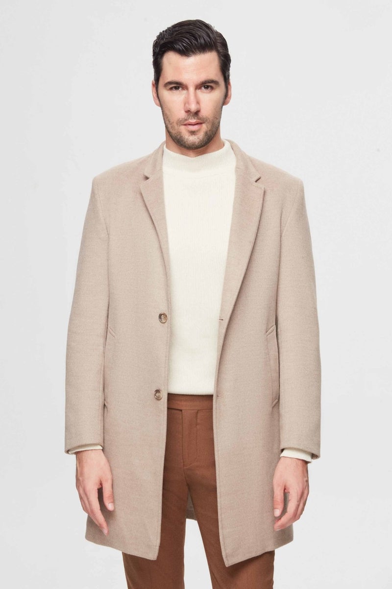 twn Slim Fit Beige Single Slit Viscose Coat  - Image 2