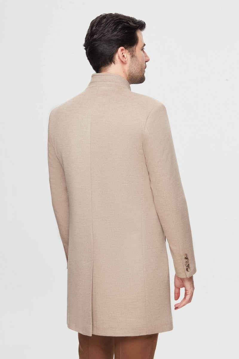 twn Slim Fit Beige Single Slit Viscose Coat  - Image 4