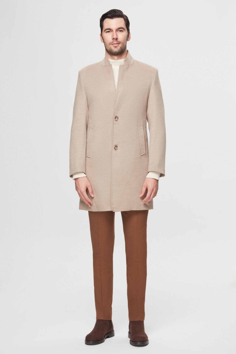 twn Slim Fit Beige Single Slit Viscose Coat  - Image 5