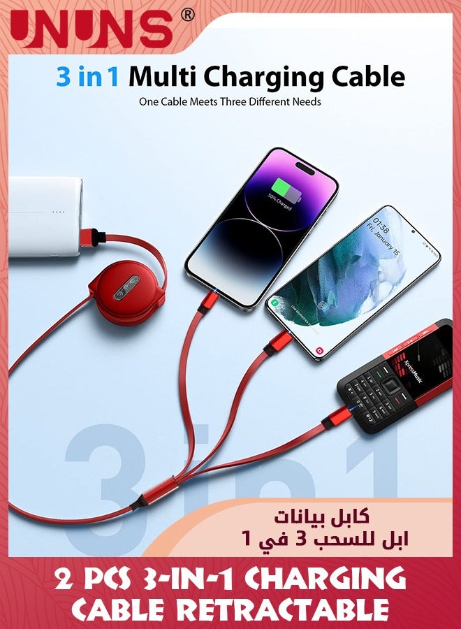UNUNS 2 Pack 3in1 Multi Charging Cable,Travel Essential Retractable USB Charging Cable With Type C/Micro USB/IP, Multiple Phone Charger Cord For iPhone 15 14 13 12 11, Samsung S23 S22, Red  - Image 2