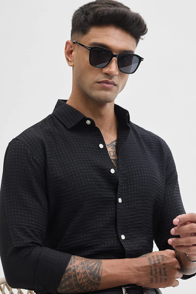 SNITCH Black Black Self Design Slim Fit Shirt for Men | Best Price UAE