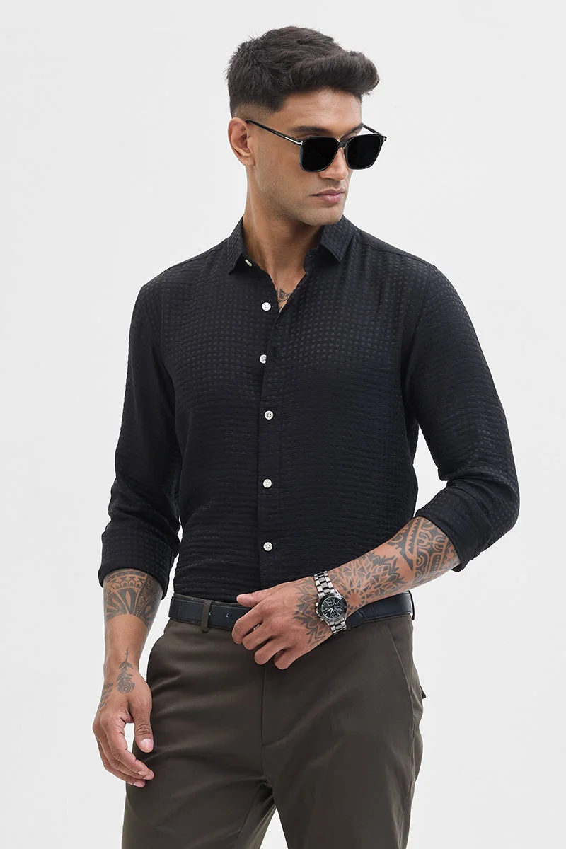 SNITCH Black Black Self Design Slim Fit Shirt for Men | Best Price UAE