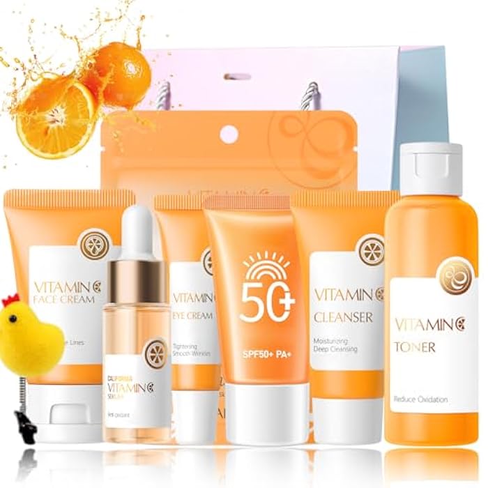 Evolvique Skincare Set Vitamin C Girls Gifts - Skin Care Set Antioxidant - Hydrating Skin Care Kit for Women with Sunscreen,Toner,Serum,Eye Cream - Skin Care for Teens 10-12 (One Size, 8PCS Vitamin C Scent) - Image 1