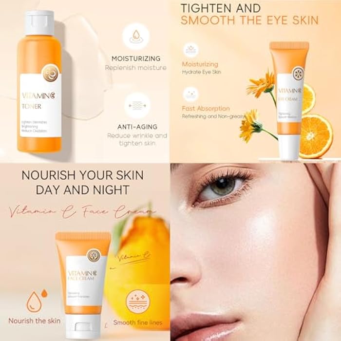 Evolvique Skincare Set Vitamin C Girls Gifts - Skin Care Set Antioxidant - Hydrating Skin Care Kit for Women with Sunscreen,Toner,Serum,Eye Cream - Skin Care for Teens 10-12 (One Size, 8PCS Vitamin C Scent) - Image 2