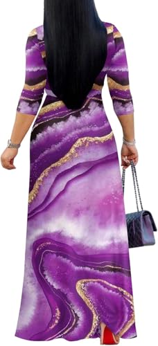 FANDEE Plus Size Maxi Dress for Women Casual Summer Sundress V-Neck 3/4 Sleeve(Purple Stripe,X-Large) - Image 2