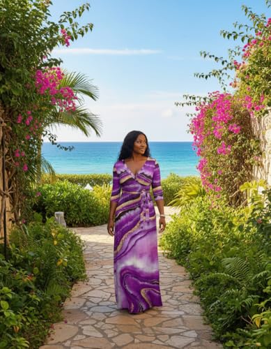 FANDEE Plus Size Maxi Dress for Women Casual Summer Sundress V-Neck 3/4 Sleeve(Purple Stripe,X-Large) - Image 3