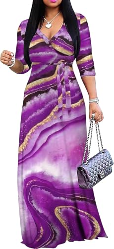 FANDEE Plus Size Maxi Dress for Women Casual Summer Sundress V-Neck 3/4 Sleeve(Purple Stripe,X-Large) - Image 1