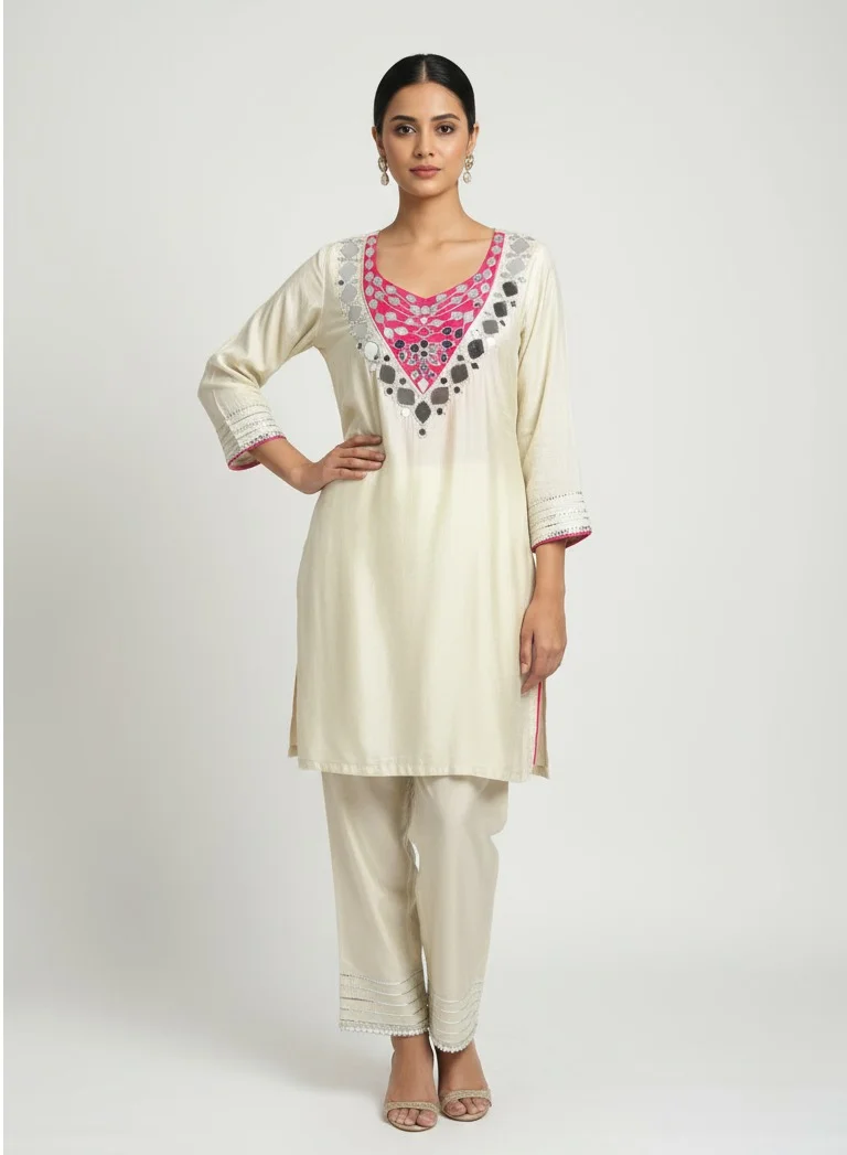 Lehar Ivory Mirror-Embroidered Silk Kurta Set with Hot Pink Detailing