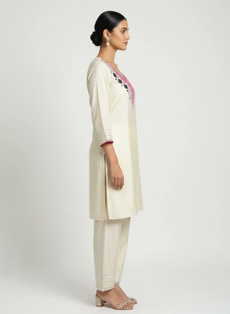 Lehar Ivory Mirror-Embroidered Silk Kurta Set with Hot Pink Detailing