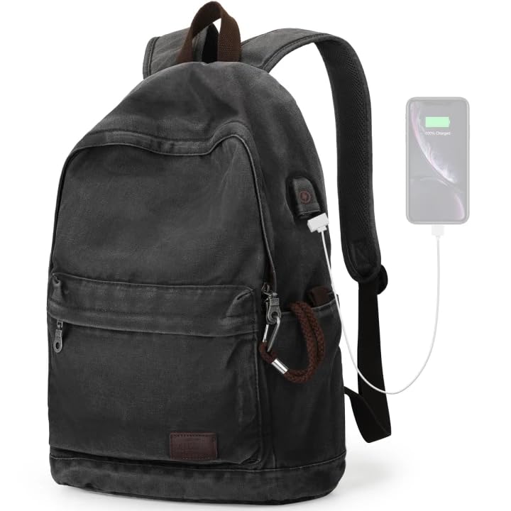 Muzee Muzze Canvas Backpack for Women and Men, Lightweight Classic Laptop Backpack with USB Charging Port for School, Travel and Daily Use, Black - Image 1