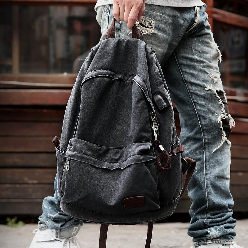 Muzee Muzze Canvas Backpack for Women and Men, Lightweight Classic Laptop Backpack with USB Charging Port for School, Travel and Daily Use, Black - Image 3