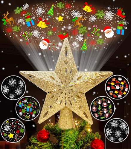 Wninbu Christmas Tree Topper Star Lighted with 6 Projection Modes,Christmas Star Tree Topper Projector Built-in LED Rotating Lights,3D Glitter Dynamic Projector Party Christmas Decorations (Gold) - Image 1