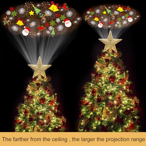 Wninbu Christmas Tree Topper Star Lighted with 6 Projection Modes,Christmas Star Tree Topper Projector Built-in LED Rotating Lights,3D Glitter Dynamic Projector Party Christmas Decorations (Gold) - Image 2