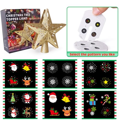 Wninbu Christmas Tree Topper Star Lighted with 6 Projection Modes,Christmas Star Tree Topper Projector Built-in LED Rotating Lights,3D Glitter Dynamic Projector Party Christmas Decorations (Gold) - Image 4