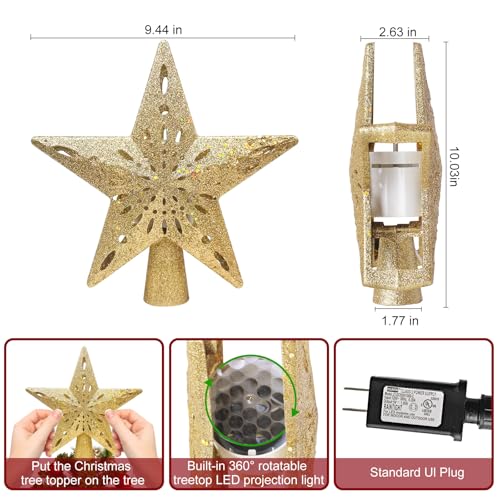 Wninbu Christmas Tree Topper Star Lighted with 6 Projection Modes,Christmas Star Tree Topper Projector Built-in LED Rotating Lights,3D Glitter Dynamic Projector Party Christmas Decorations (Gold) - Image 3