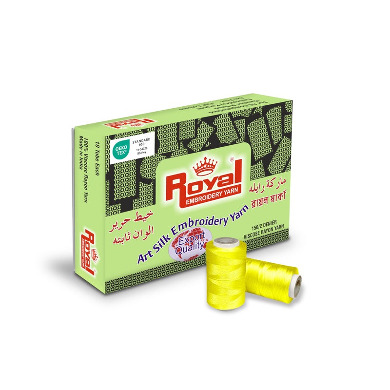 Royal Embroidery Threads - Thread for Machine, Hand Stitching | Viscose Rayon 150/2 Denier (13g Tube) Pack of 10 (Yellow) - Image 1