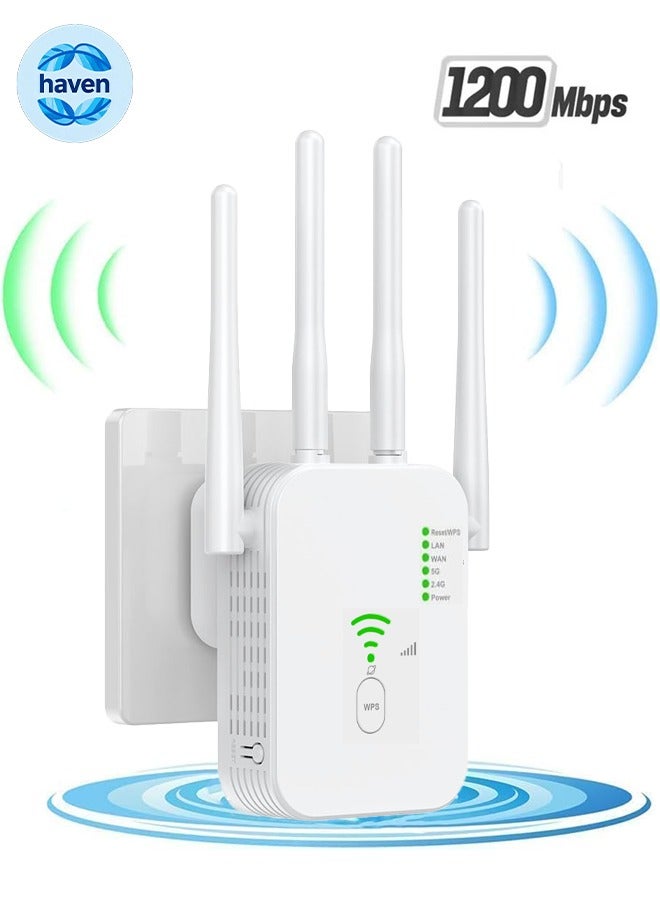 هافن مكرر إشارة الواي فاي 1200 ميجابت في الثانية، 5G/2.4G موسع الواي فاي ثنائي النطاق، منافذ الشبكة المحلية والشبكة الواسعة، الضبط بلمسة واحدة، التوصيل والتشغيل، مكبر صوت الواي فاي المكتبي والموطن - Image 1