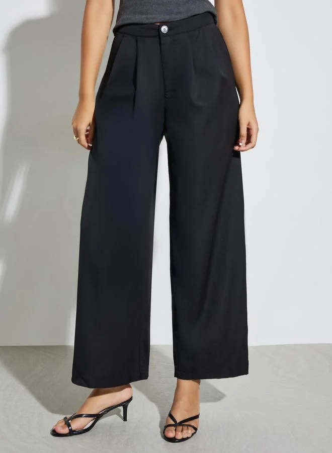 Styli Black Solid Casual Wide Leg Pants