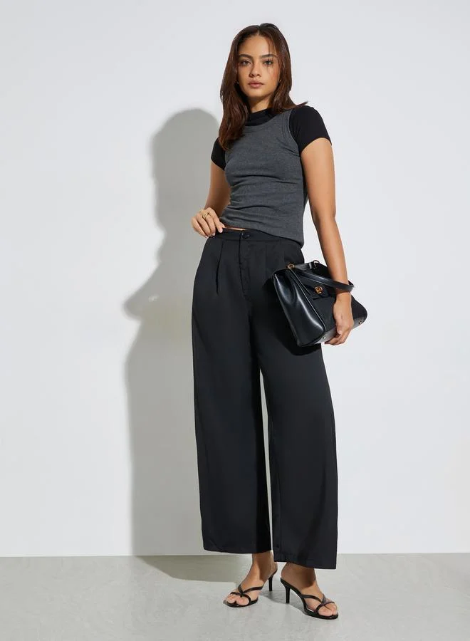 Styli Black Solid Casual Wide Leg Pants