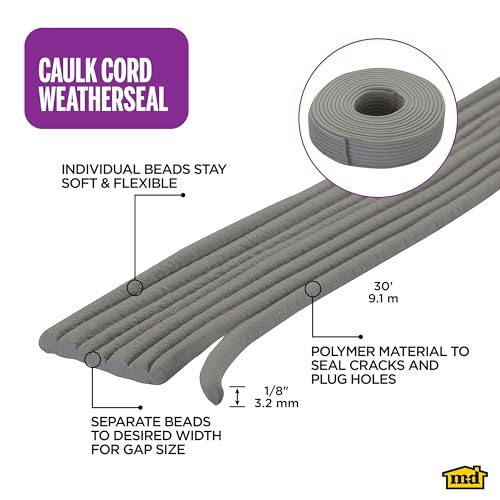 M-D Building Products Replaceable Caulk Cord Weatherseal: Quick and Effective Solution for Sealing Small Gaps, Cracks, and Protecting Against Drafts and Moisture (71522) (Gray) (30 ft) - Image 2