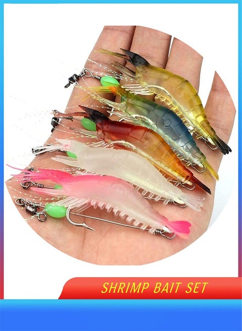 5-Piece Fishing Lures Soft Luminous Shrimp Lures Set, Shrimp Bait Set with Sharp Hooks, Fishing Tackle for Freshwater and Saltwater Bass Trout Catfish