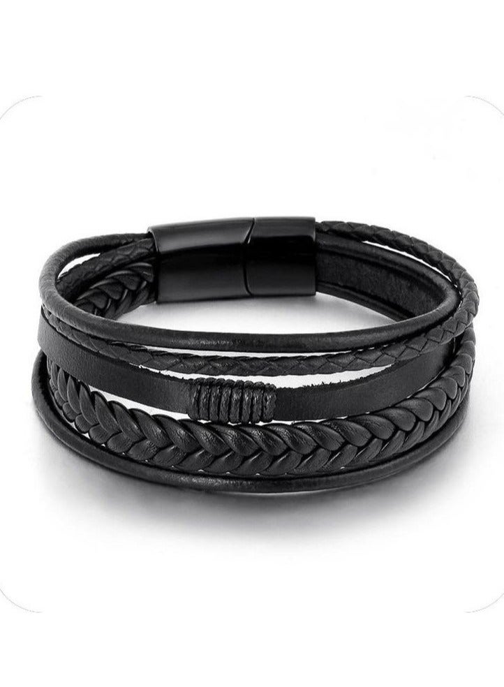 Mens Leather Bracelet with Clasp Cowhide Multi-Layer Braided  - Image 3
