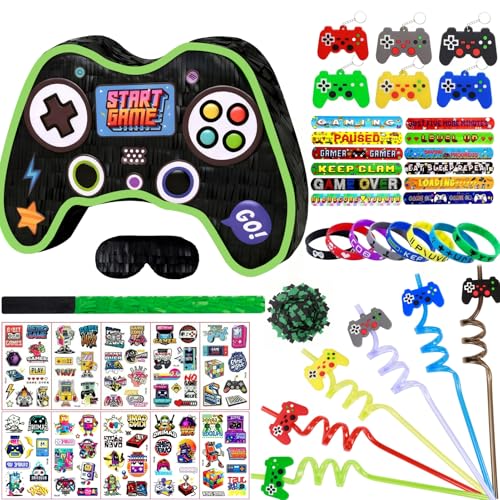 FIGEPO Video Game Pinata Set for Boy Kids Gamer Party with Controller Pinata Straws Bracelets Stickers Keychain Confetti Tools for Party Decoration Black - Image 1