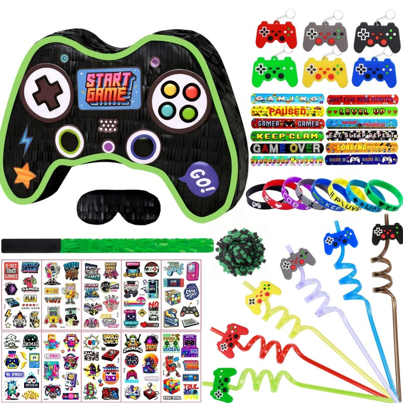 FIGEPO Video Game Pinata Set for Boy Kids Gamer Party with Controller Pinata Straws Bracelets Stickers Keychain Confetti Tools for Party Decoration Black - Image 3