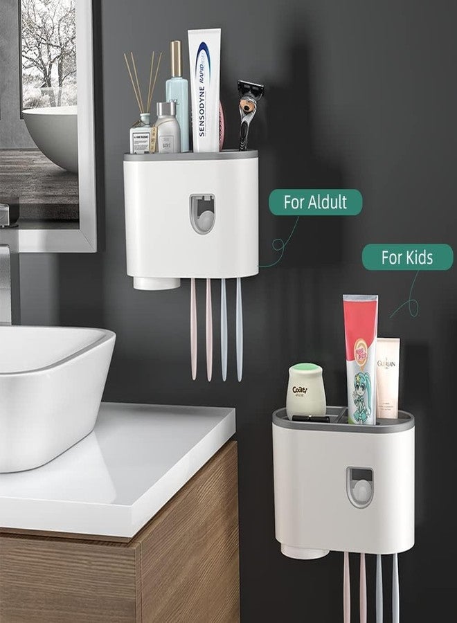 ASUVEK Plastic Wall Mounted Toothbrush Holder with Automatic Toothpaste Dispenser & Magnetic Cup, No Drilling Self-Adhesive Bathroom Organizer, ABS Toothpaste Holder Set for Kids& Family White (1 Cup) - Image 2