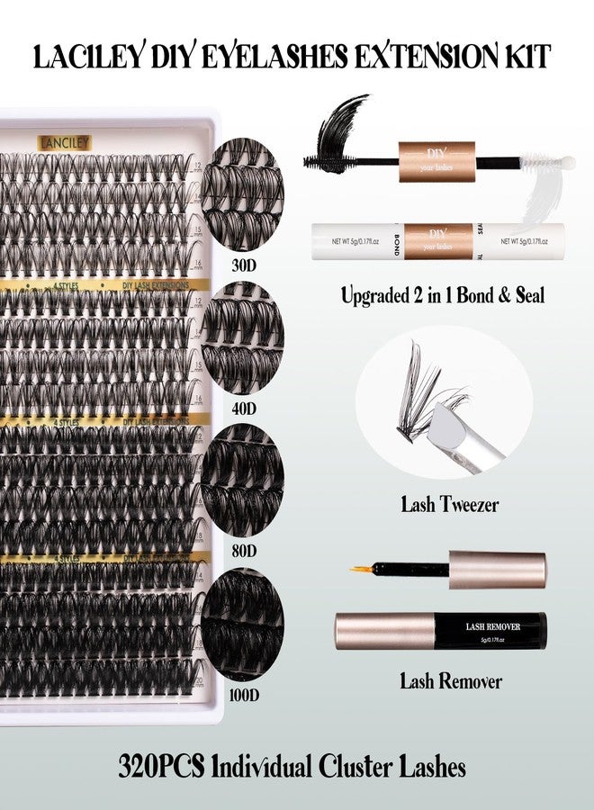 Lanciley Lash Clusters 320PCS 12-20MM 30D+40D+80D+100D DIY Eyelash Extensions Kit Fluffy Individual Lashes Wispy Eyelash Clusters Natural D Curl Lash Extension kit with Lash Bond&Seal&Remover&Tweezers-4 - Image 2