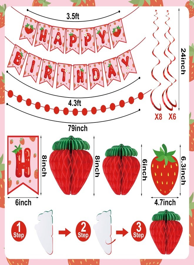 Maniaacer Strawberry Birthday Party Decorations Strawberries Happy Birthday Banner Honeycomb Balls and Hanging Swirls Strawberries Paper Banner Set for Strawberry Theme Birthdays Party Supplies - Image 2