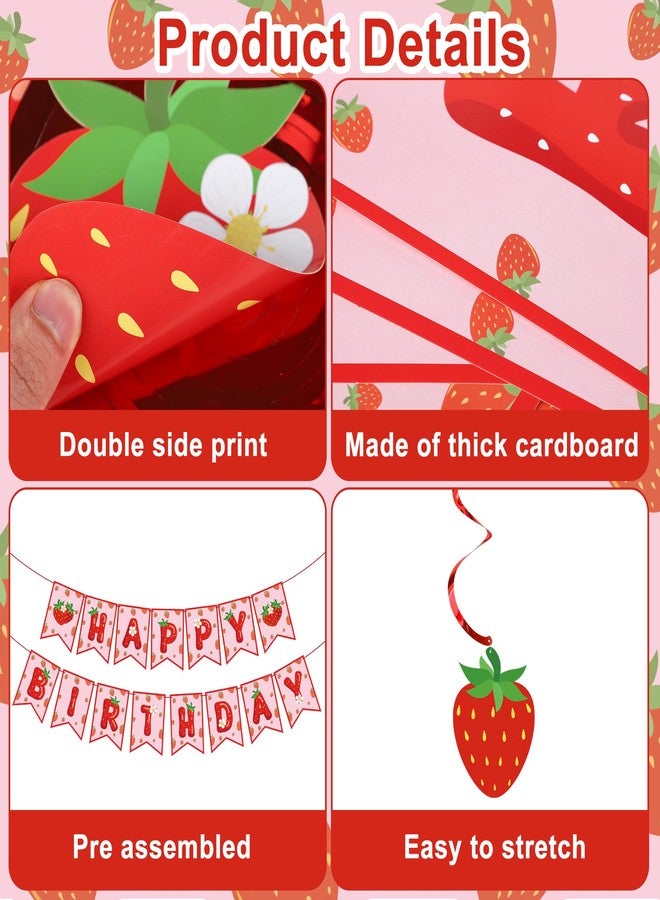 Maniaacer Strawberry Birthday Party Decorations Strawberries Happy Birthday Banner Honeycomb Balls and Hanging Swirls Strawberries Paper Banner Set for Strawberry Theme Birthdays Party Supplies - Image 4