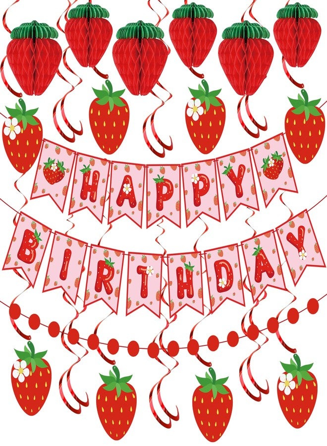 Maniaacer Strawberry Birthday Party Decorations Strawberries Happy Birthday Banner Honeycomb Balls and Hanging Swirls Strawberries Paper Banner Set for Strawberry Theme Birthdays Party Supplies - Image 1