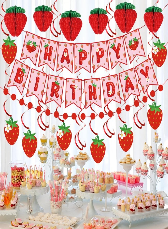 Maniaacer Strawberry Birthday Party Decorations Strawberries Happy Birthday Banner Honeycomb Balls and Hanging Swirls Strawberries Paper Banner Set for Strawberry Theme Birthdays Party Supplies - Image 5
