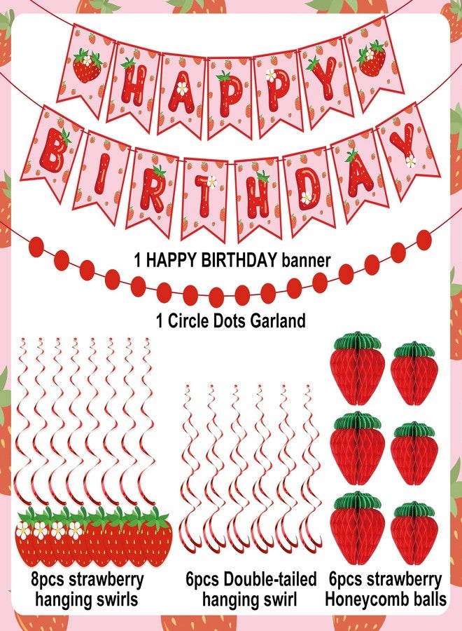 Maniaacer Strawberry Birthday Party Decorations Strawberries Happy Birthday Banner Honeycomb Balls and Hanging Swirls Strawberries Paper Banner Set for Strawberry Theme Birthdays Party Supplies - Image 3