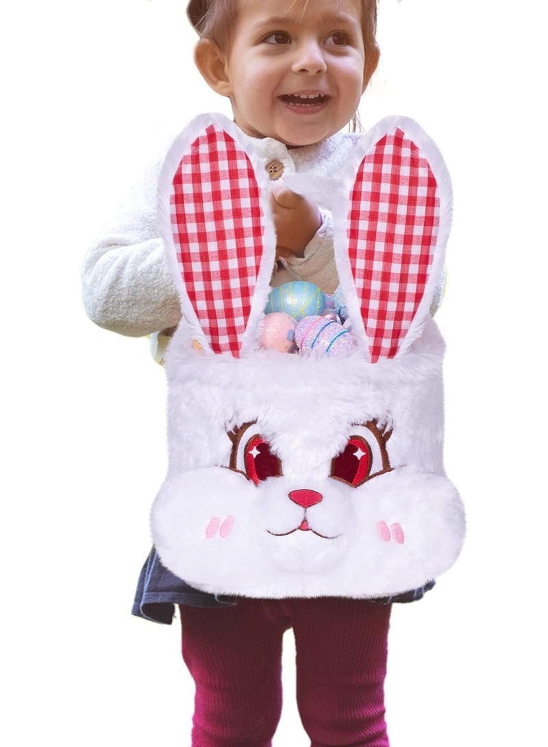 LUBOT Bunny Easter Basket for Kids, 3D Cute Plush Empty Bucket with Foldable Ears and Handle Egg Hunt Tote Candy Bag Basket for Boy Girl Teens Gift, Easter Basket Decor White - Image 1