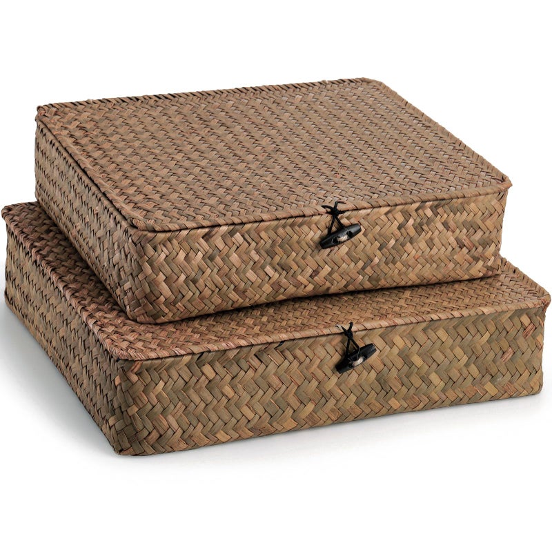 Elsjoy 2 Pack Flat Seagrass Storage Bins with Lid, Wicker Woven Storage Basket Set, Rattan Organizer Bins for Shelf, Closet, Bedroom - Image 1