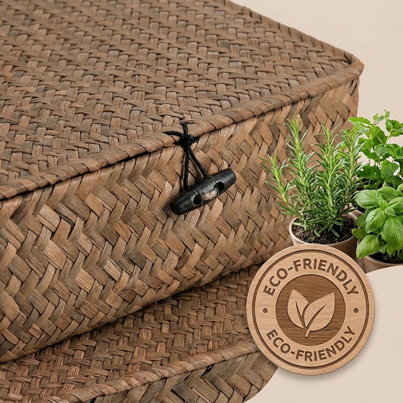 Elsjoy 2 Pack Flat Seagrass Storage Bins with Lid, Wicker Woven Storage Basket Set, Rattan Organizer Bins for Shelf, Closet, Bedroom - Image 5