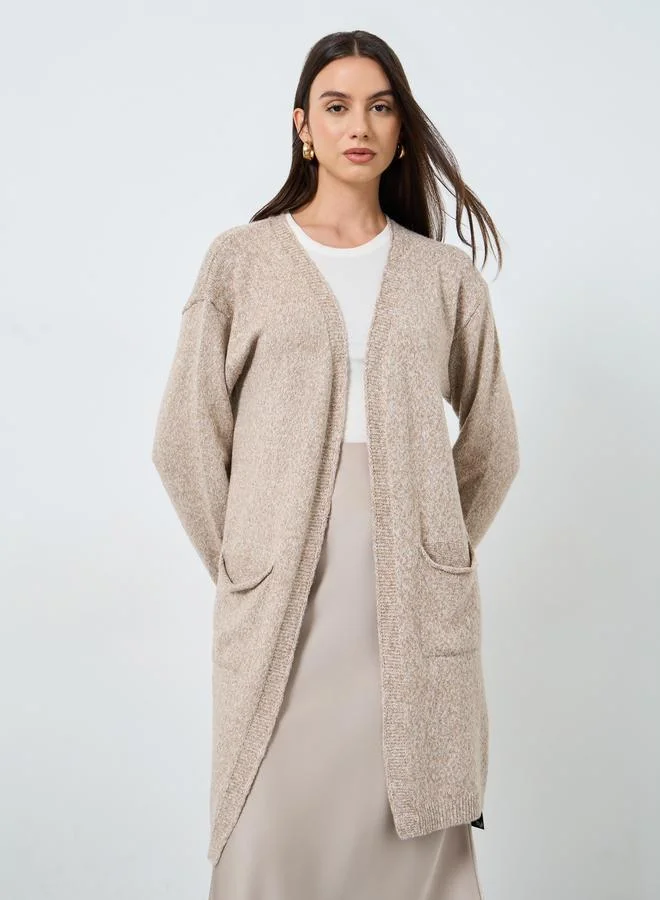 Take Two Beige Midi Cardigan with Patch Pocket