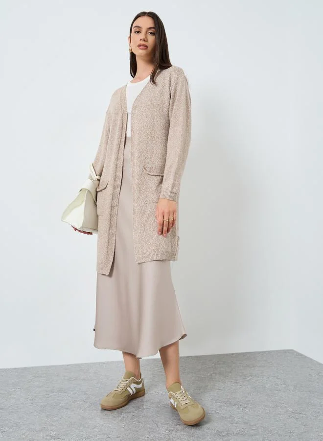 Take Two Take Two Beige Midi Cardigan with Patch Pocket