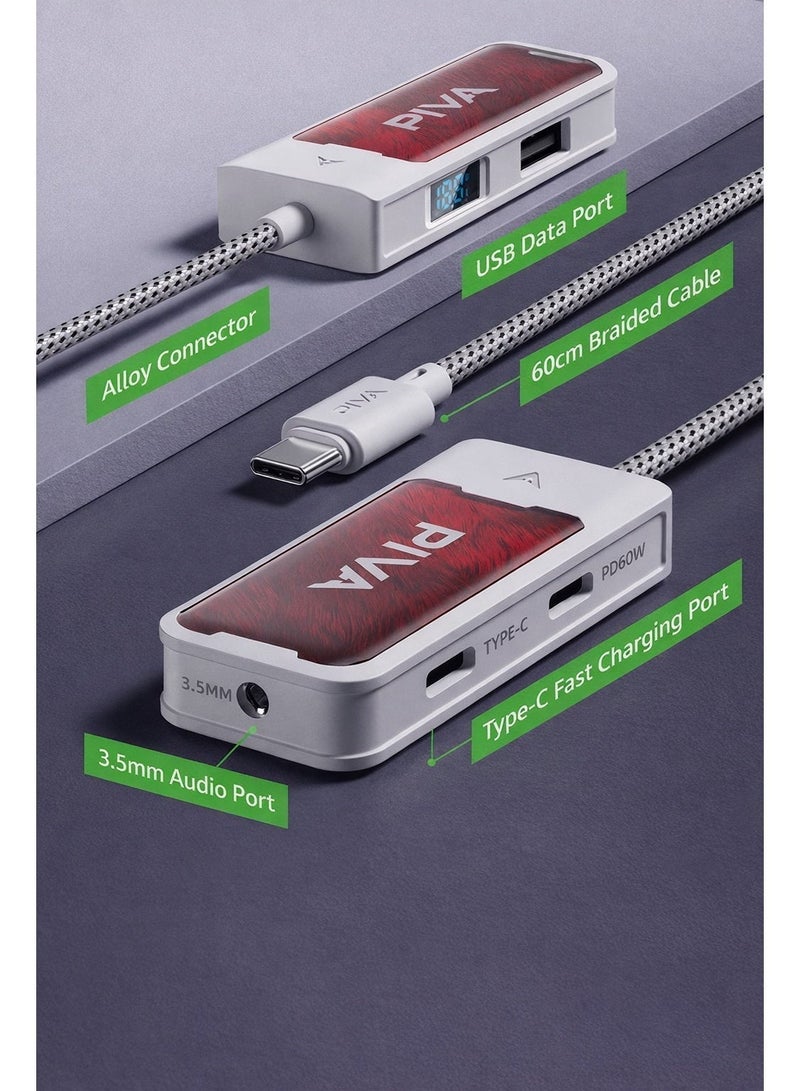 PIVA G41 4-in-1 Gaming Adapter & Converter, Type-C to 3.5mm Audio DAC 32Bit/384Khz & USB 2.0 Data Transfer Hub, PD 60W Fast Charging with Power Display, 480Mbps High-Speed, Compatible with RedMagic, iPad, iPhone, Samsung Mobile, Laptops, Mobile Phones, and Gaming Devices - Image 4