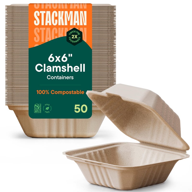 Stack Man حاويات طعام قابلة للتحلل 100% بتصميم صدفية [6x6" 50-عبوة] جودة ثقيلة للحاويات القابلة للاستخدام، مصنوعة من الألياف الطبيعية من قصب السكر، صديقة للبيئة وقابلة للتحلل البيولوجي - Image 1