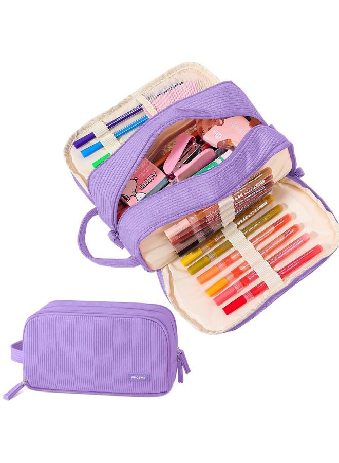 Nuozme 3 Compartment Pencil Case,Large Capacity School Supplies Pencil bag with Easy Handle, Soft Corduroy Pencil Pouch, Aesthetic Supply Pen Case Bag Organizer For Teen Girls College (Purple) - Image 1