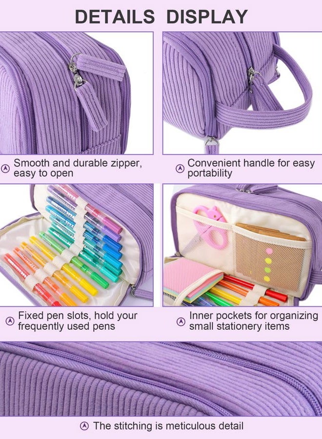 Nuozme 3 Compartment Pencil Case,Large Capacity School Supplies Pencil bag with Easy Handle, Soft Corduroy Pencil Pouch, Aesthetic Supply Pen Case Bag Organizer For Teen Girls College (Purple) - Image 4
