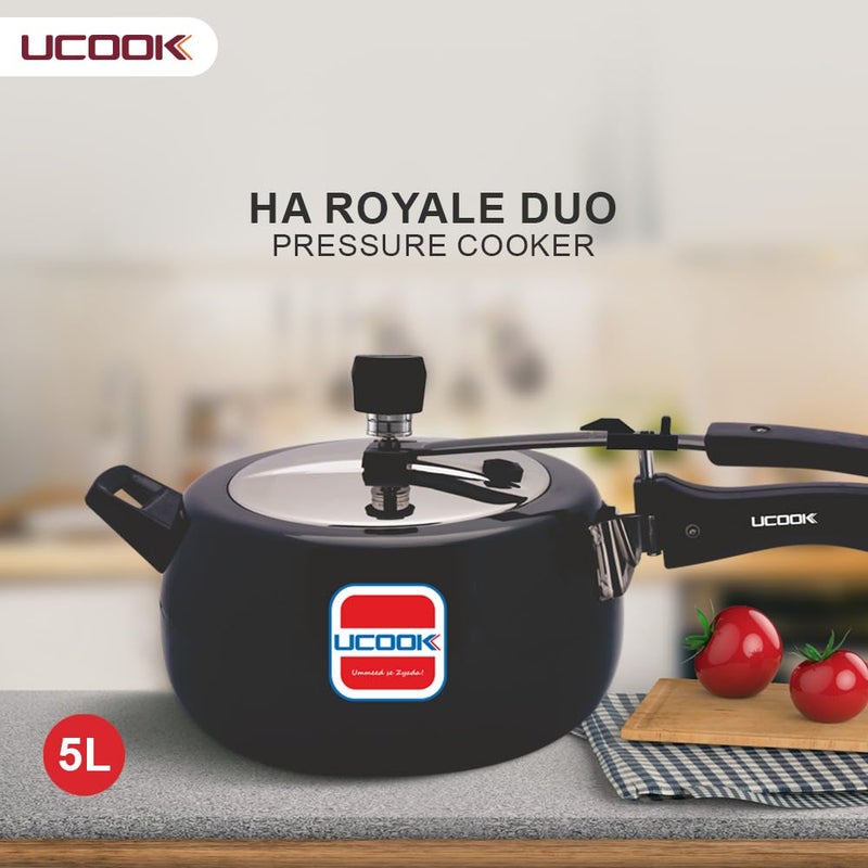 Ucook By United Ekta Group Royale Duo 5 Litre Hard Anodised Aluminium Inner Lid Induction Pressure Cooker With Stainless Steel Lid, Black - Image 2