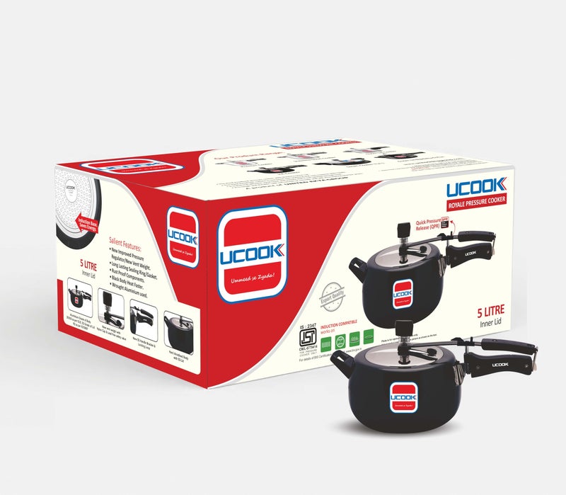 Ucook By United Ekta Group Royale Duo 5 Litre Hard Anodised Aluminium Inner Lid Induction Pressure Cooker With Stainless Steel Lid, Black - Image 1