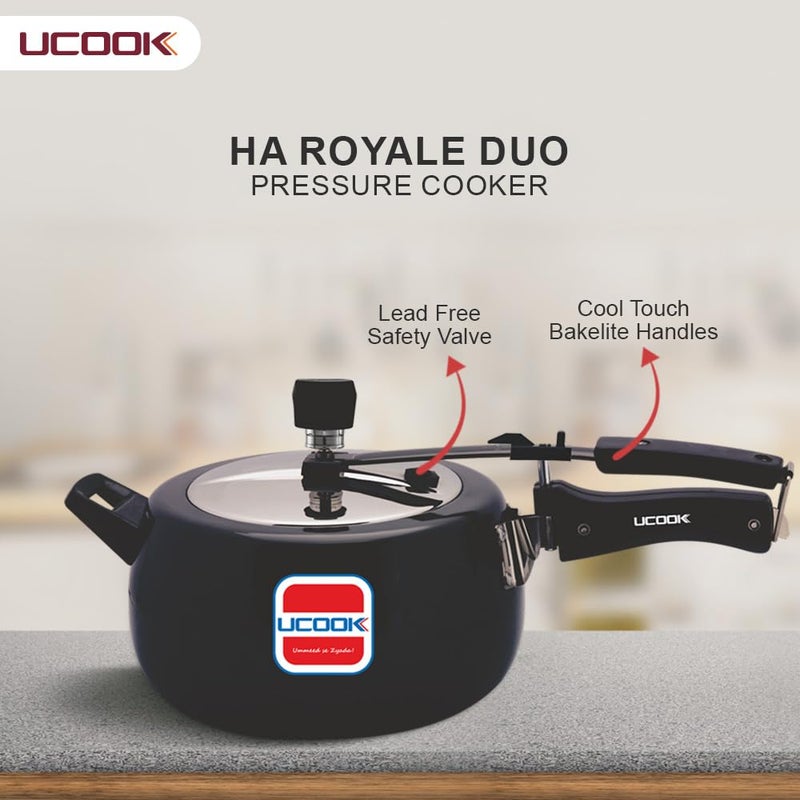 Ucook By United Ekta Group Royale Duo 5 Litre Hard Anodised Aluminium Inner Lid Induction Pressure Cooker With Stainless Steel Lid, Black - Image 4